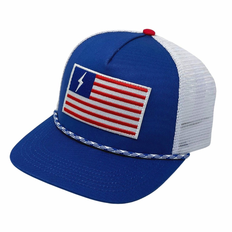 Apparel * | Bruce Bolt "Bolt And Stripes Flag" Patch 5-Panel Mesh Snapback Rope Trucker Hat