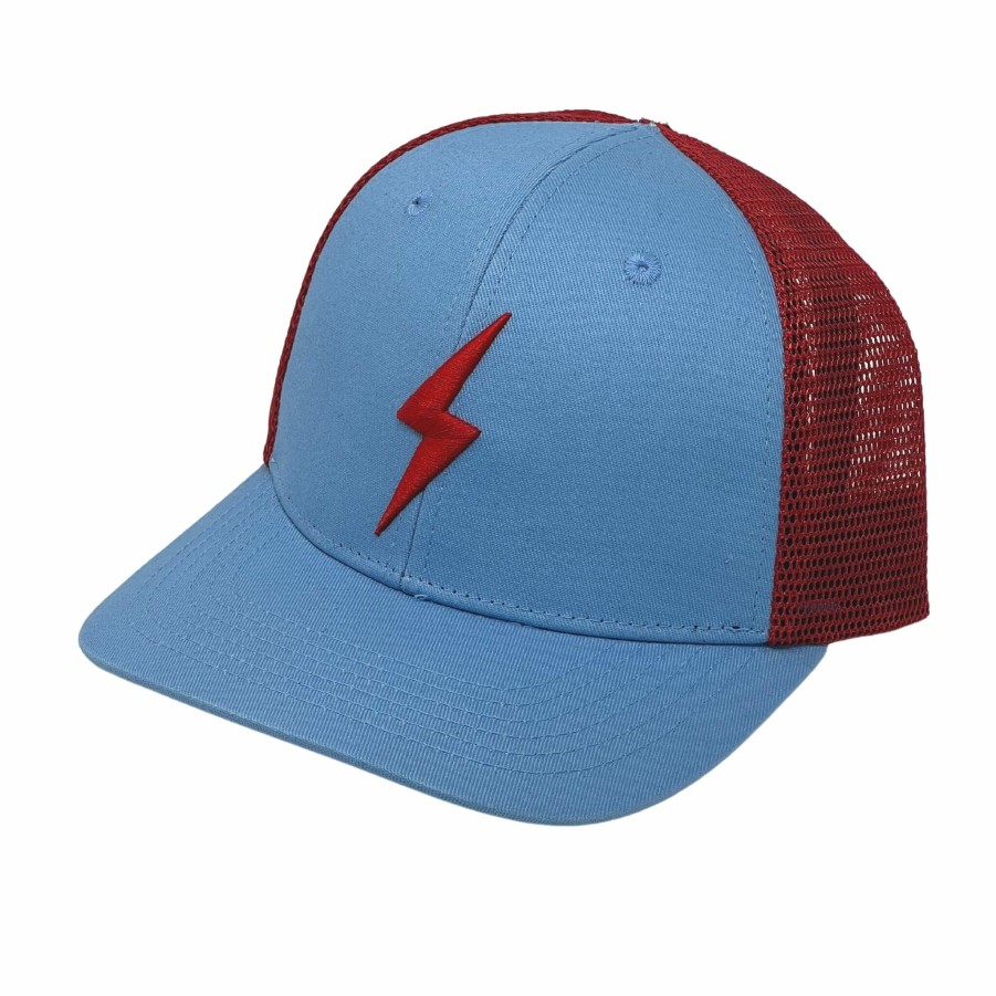 Apparel * | Bruce Bolt 6-Panel Signature Series Mesh Snapback Trucker Hat Light Blue W/ Red Bolt