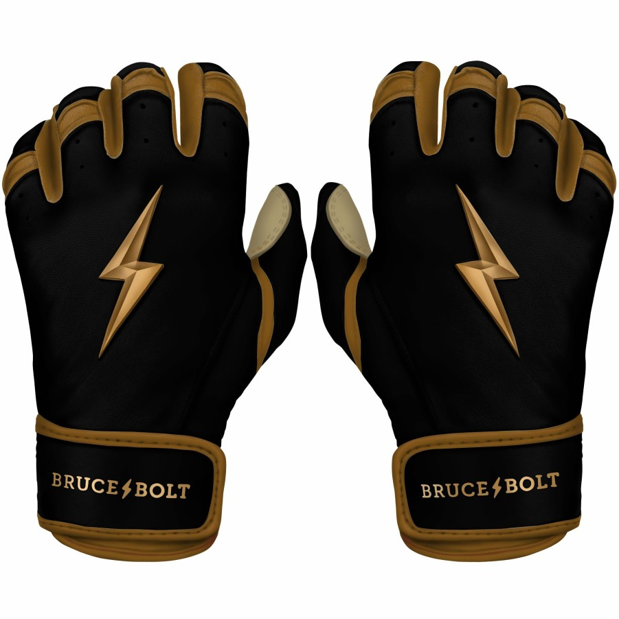 Batting Gloves * | Bruce Bolt Premium Pro Gold Series Short Cuff Batting Gloves Gold Black