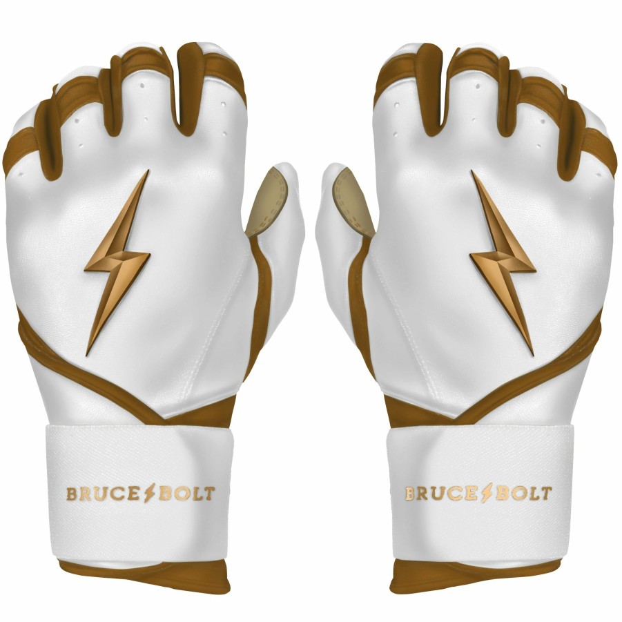 Batting Gloves * | Bruce Bolt Premium Pro Gold Series Long Cuff Batting Gloves Gold White