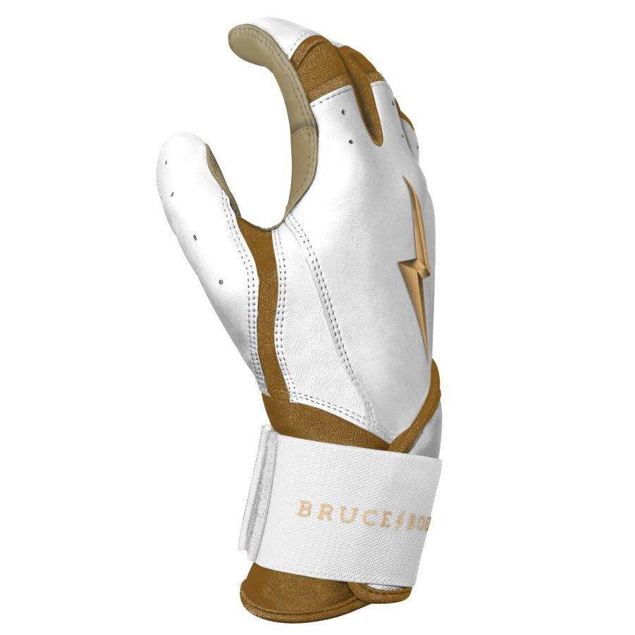 Batting Gloves * | Bruce Bolt Premium Pro Gold Series Long Cuff Batting Gloves Gold White