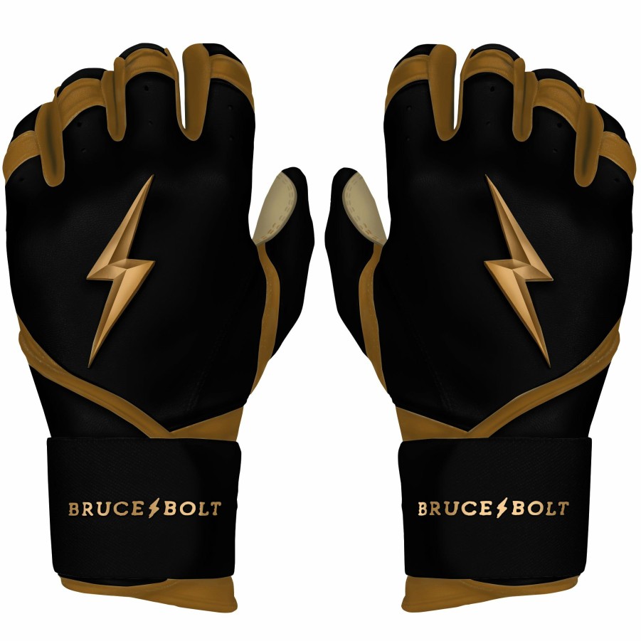 Batting Gloves * | Bruce Bolt Premium Pro Gold Series Long Cuff Batting Gloves Gold Black