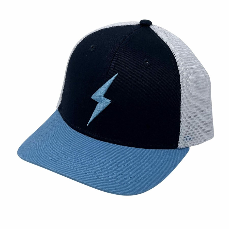 Apparel * | Bruce Bolt 6-Panel Signature Series Mesh Snapback Trucker Hat -Navy W/ Light Blue Bolt