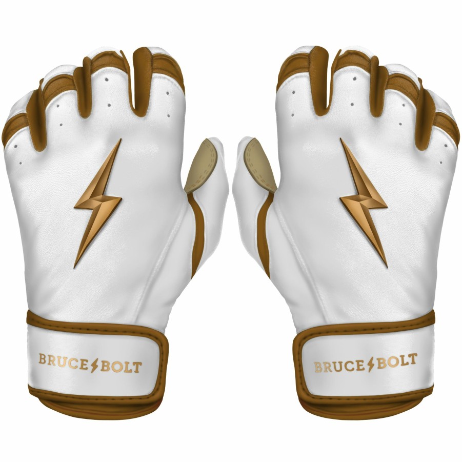 Batting Gloves * | Bruce Bolt Premium Pro Gold Series Short Cuff Batting Gloves Gold White